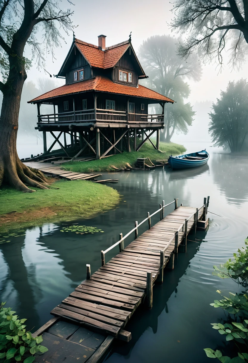 a wooden bridge that leads to a small island in the river. On the island stands a old house in slavic style, a couple of trees next to it, a half-submerged boat near the bridge. Fog rises around, a white haze around, like a veil separating from another world, style by Lovecraft, meticulous, intricate, entangled, intricately detailed