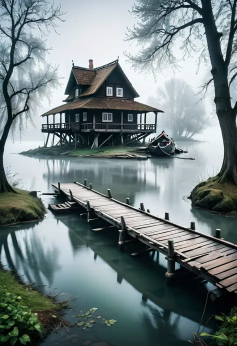 a wooden bridge that leads to a small island in the river. on the island stands a old house in slavic style, a couple of trees n...