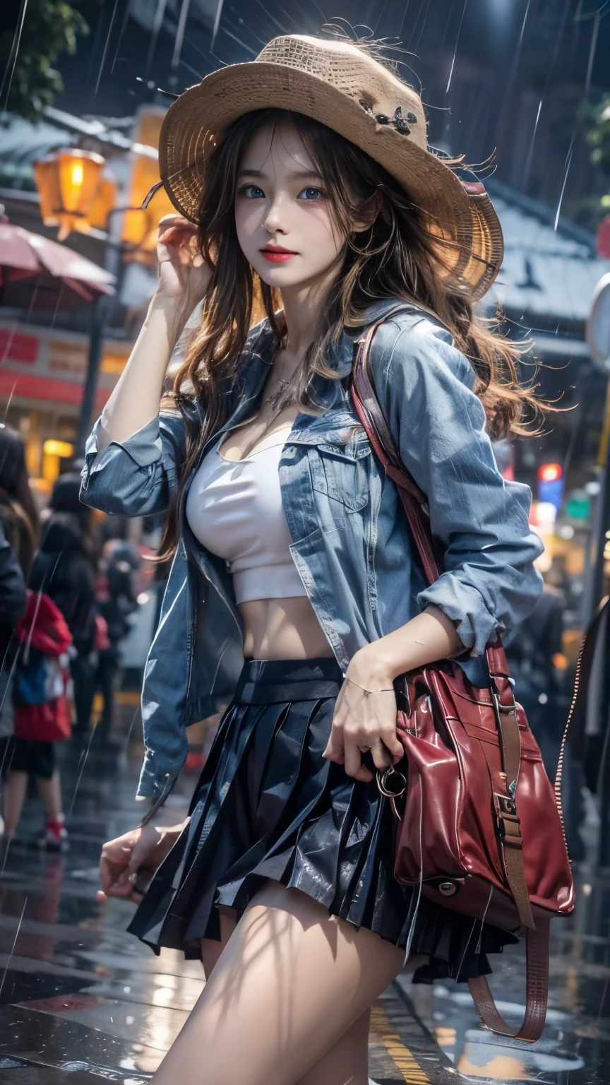 (RAW shooting, Photorealistic:1.5, 8k, Highest quality, masterpiece, Ultra-high resolution), Perfect dynamic composition:1.2, Night Street Corner, Looking up at the sky:1.3, (((Typhoon heavy rain))), Highly detailed skin and facial textures:1.2, A slim high school girl wet with rain:1.3, Sexy beauty:1.1, Perfect Style:1.2, beautifully、aesthetic:1.1, Fair skin, Very beautiful face, (Rain dripping down on my body:1.2, Wet Hair:1.4, Wet uniform:1.2), Water droplets on the skin, (Mid-chest, Bra is sheer, Chest gap), (Embarrassed smile, Her facial expression when she felt intense caressing, Facial expressions when feeling happy), (Beautiful Blue Eyes, Beautiful erotic eyes:0.8), (Too erotic:0.9, Fascinating:0.9), Cowboy Shot, Student Bag