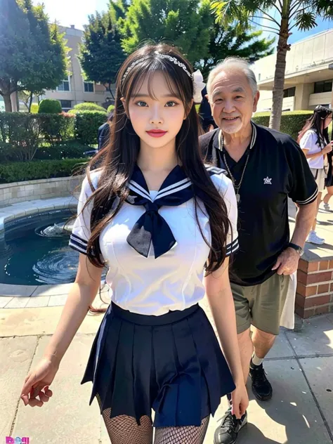 (a commemorative photo of a super cute korean high school girl wearing a hair accessory walking with her elderly grandfather:1.2...