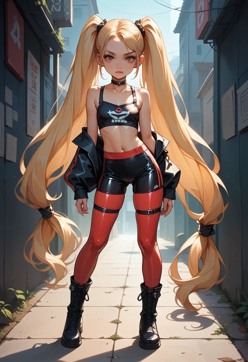 tight black latex bike shorts, loose off the shoulders red crop top, visible bra straps, 21 years old, young adult, rebelious, thick black leather boots, very long blonde twintails