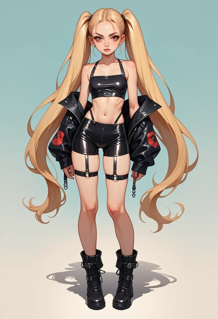 tight black latex bike shorts, loose off the shoulders red crop top, visible bra straps, 21 years old, young adult, rebelious, thick black leather boots, very long blonde twintails