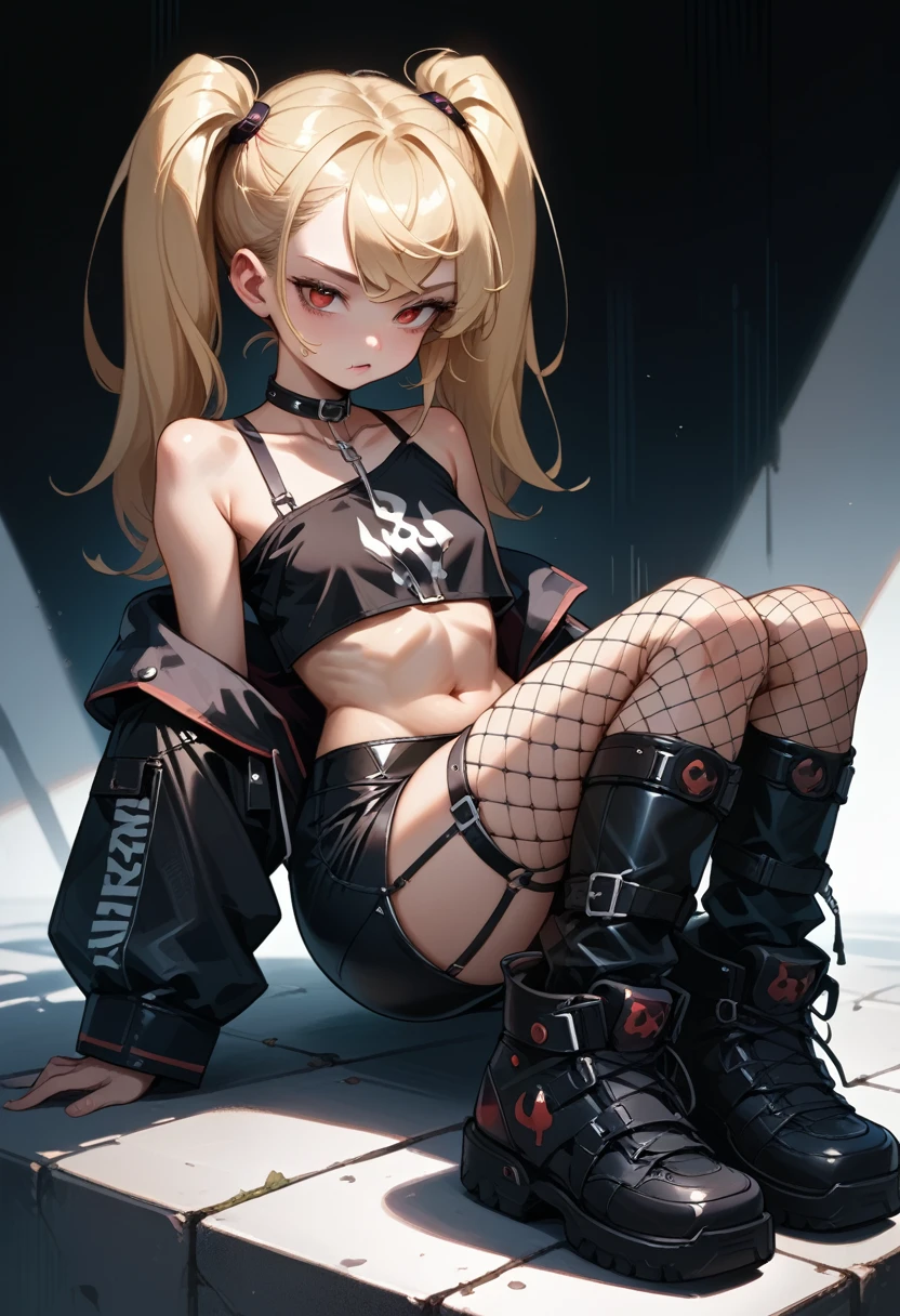 tight black latex bike shorts, loose off the shoulders red crop top, visible bra straps, 21 years old, young adult, rebelious, thick black leather boots, very long blonde twintails, fishnet pantyhose