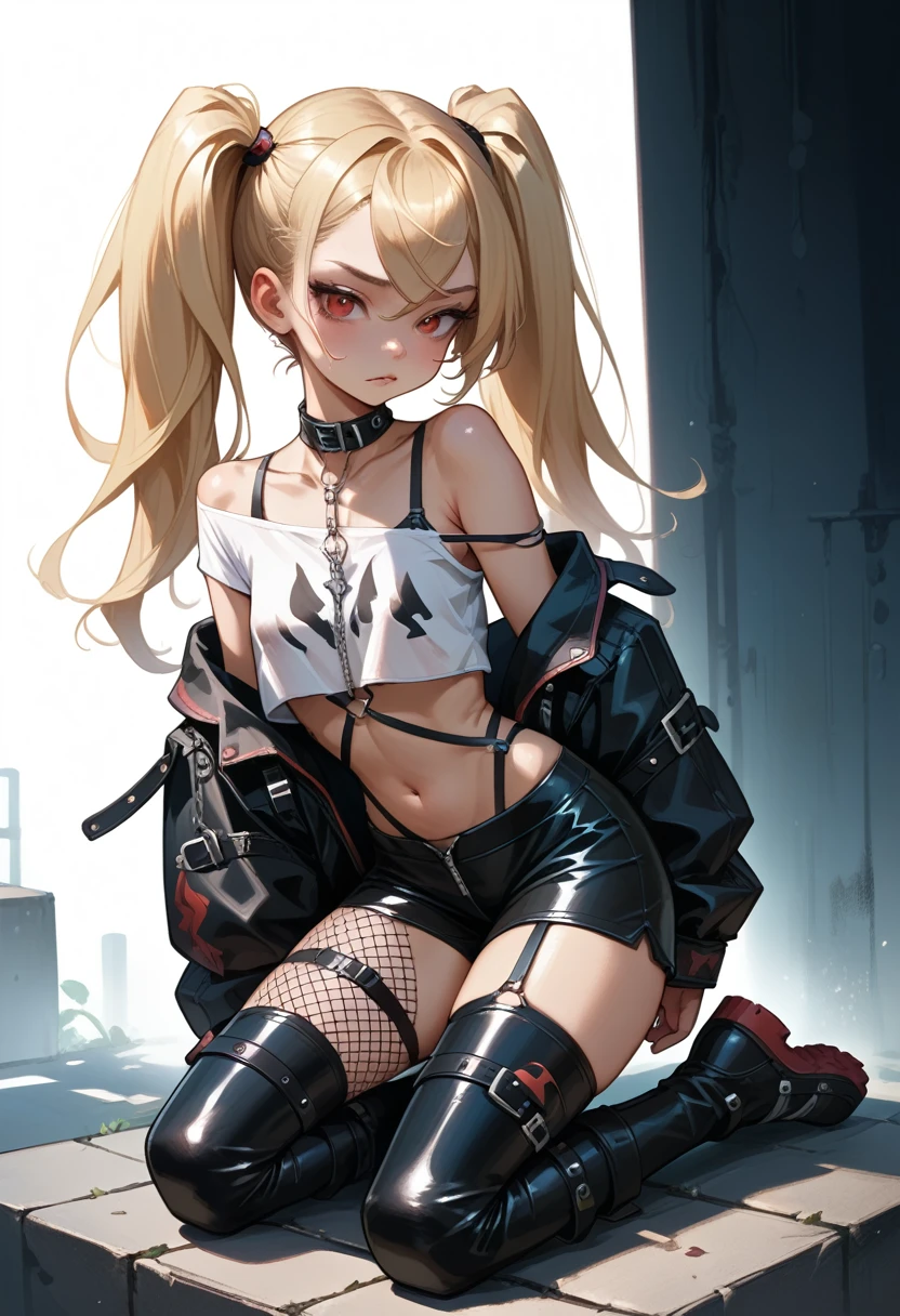 tight black latex bike shorts, loose off the shoulders red crop top, visible bra straps, 21 years old, young adult, rebelious, thick black leather boots, very long blonde twintails, fishnet pantyhose