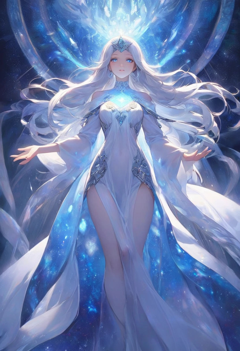 The giant priestesses, over 30 meters tall, They have diamond-white skin, shining with an inner glow. Your eyes are deep blue, twinkling like galaxies, and her long white hair, silky and undulating, reach the ground. They wear ethereal, translucent robes, adorned with magical patterns that glow silvery blue. Emanates an aura of soft light and protection, and your hands emit a subtle glow as you use your powers of creation.