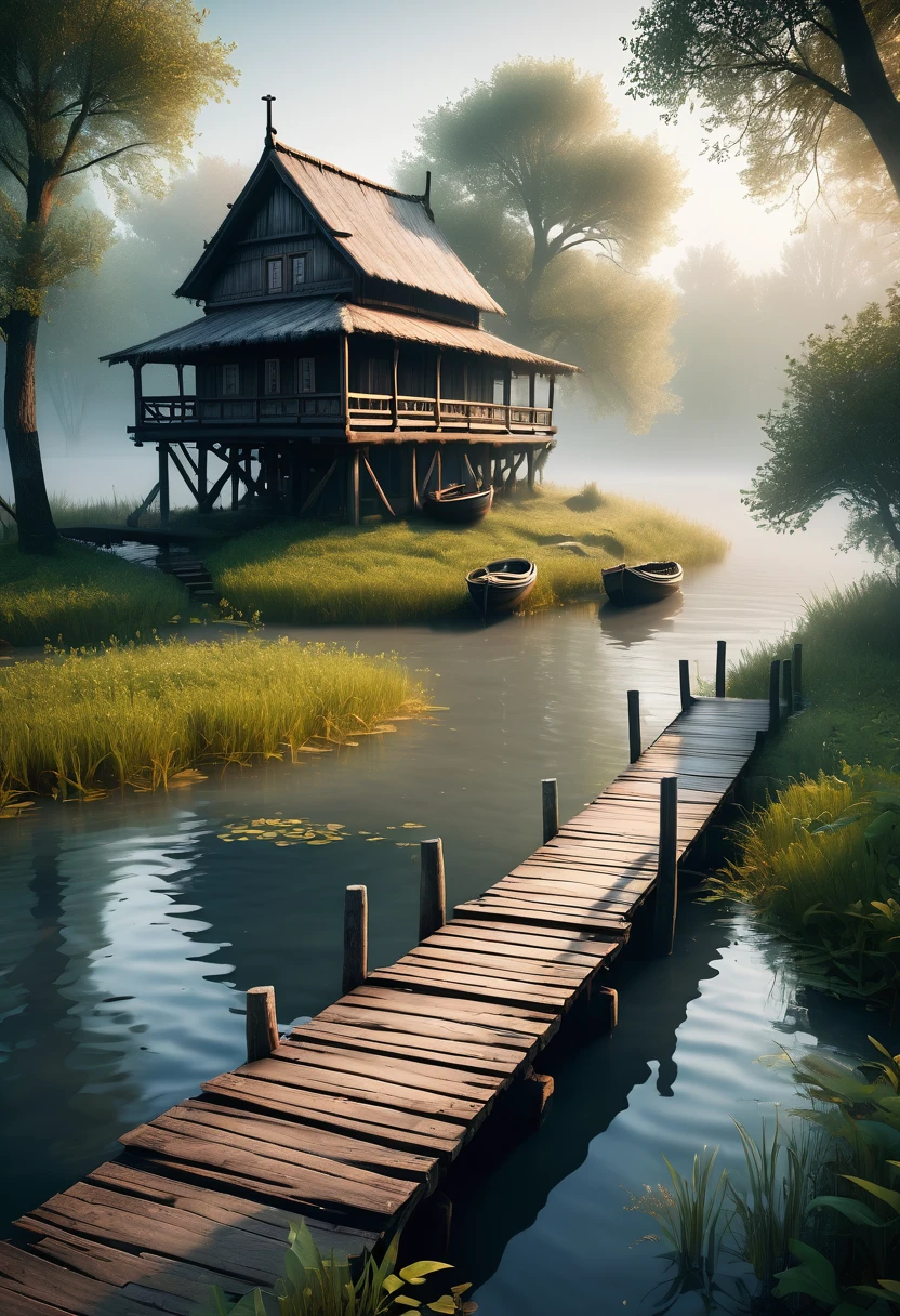 a wooden bridge that leads to a small island in the river. On the island stands a old house in slavic style, a couple of trees next to it, a half-submerged boat near the bridge. Fog rises around, a white haze around, like a veil separating from another world, style by HP Lovecraft, meticulous, intricate, entangled, intricately detailed, fog ambient:0.6, rare illumination