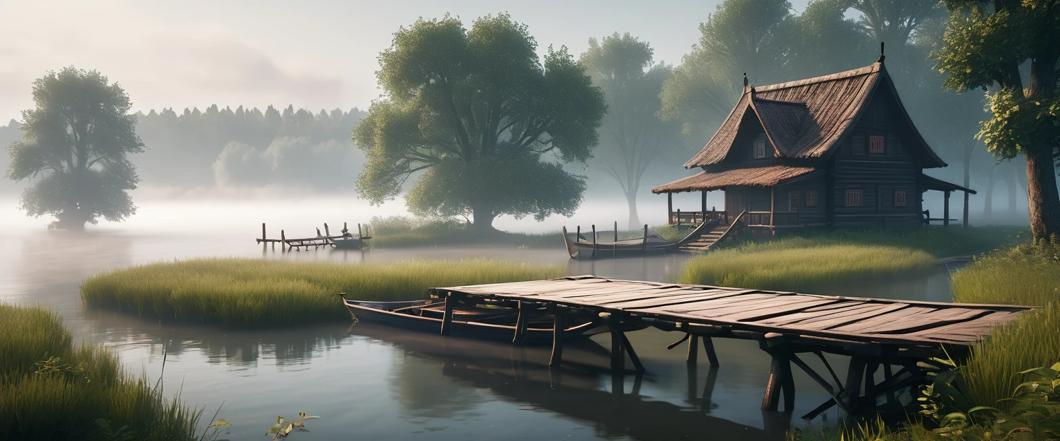 a wooden bridge that leads to a small island in the river. On the island stands a old house in slavic style, a couple of trees next to it, a half-submerged boat near the bridge. Fog rises around, a white haze around, like a veil separating from another world, style by HP Lovecraft, meticulous, intricate, entangled, intricately detailed, fog ambient:0.6, rare illumination