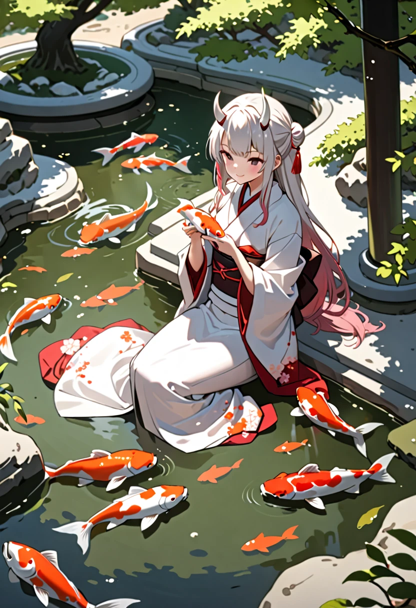 8K Ultra High-Quality, ultra-detailed, High quality, Nakiri Ayame, white horns, white kimono, feeding koi fish, sand garden, sakura tree background, relaxed face, full body