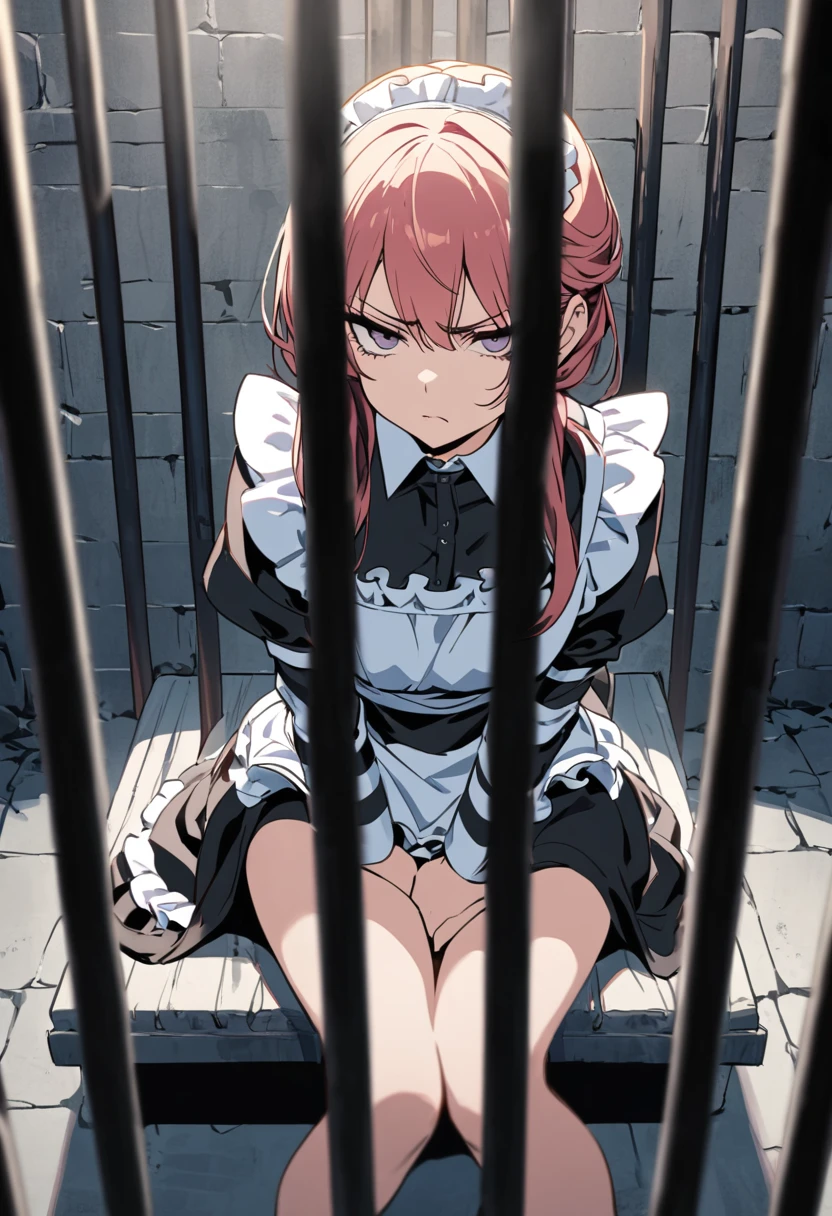 A maid in prison, in a prison cell, behind bars, She is glaring straight ahead with a dissatisfied look on her face, sitting cross-legged