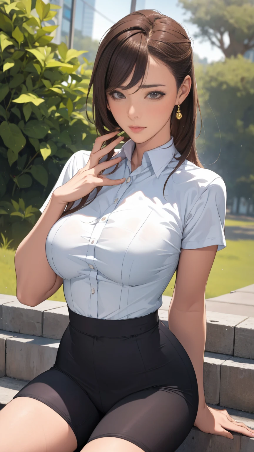 (highest quality, masterpiece:), ultra-high resolution, outdoor, Korean gravure model, 24 years old, tight, wearing a bike shorts, high leg, gigantic breasts, puffy nipple:1.4, skinny, bangs, long hair, light brown hair, chignon, choppy hair, unkempt hair:1.2, gorgeous earrings, beauty, embarrassed, blush:1.3, mature woman, please face forward and look at the camera