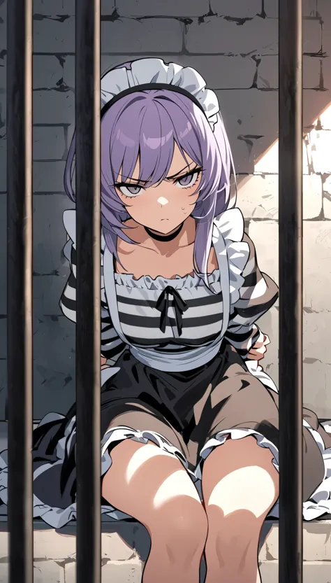 a maid in prison, in a prison cell, behind bars, she is glaring straight ahead with a dissatisfied look on her face, sitting cro...