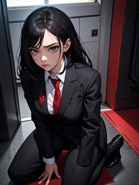 a woman. black suit. red tie. kneeling on the floor. wound. cuts to the face.