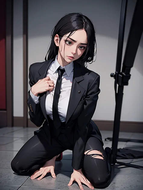 A woman. Black suit. Red tie. Kneeling on the floor. Wound. Cuts to the face.