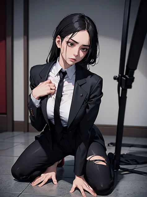 a woman. black suit. red tie. kneeling on the floor. wound. cuts to the face.