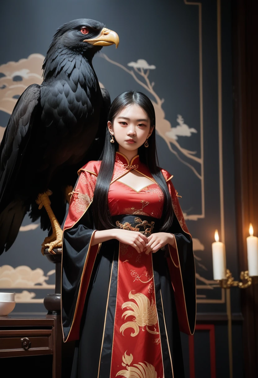 Young Asian woman wearing a black and red traditional Chinese dress, with a black eagle at the side, in a gloomy castle surrounded by blue flames.