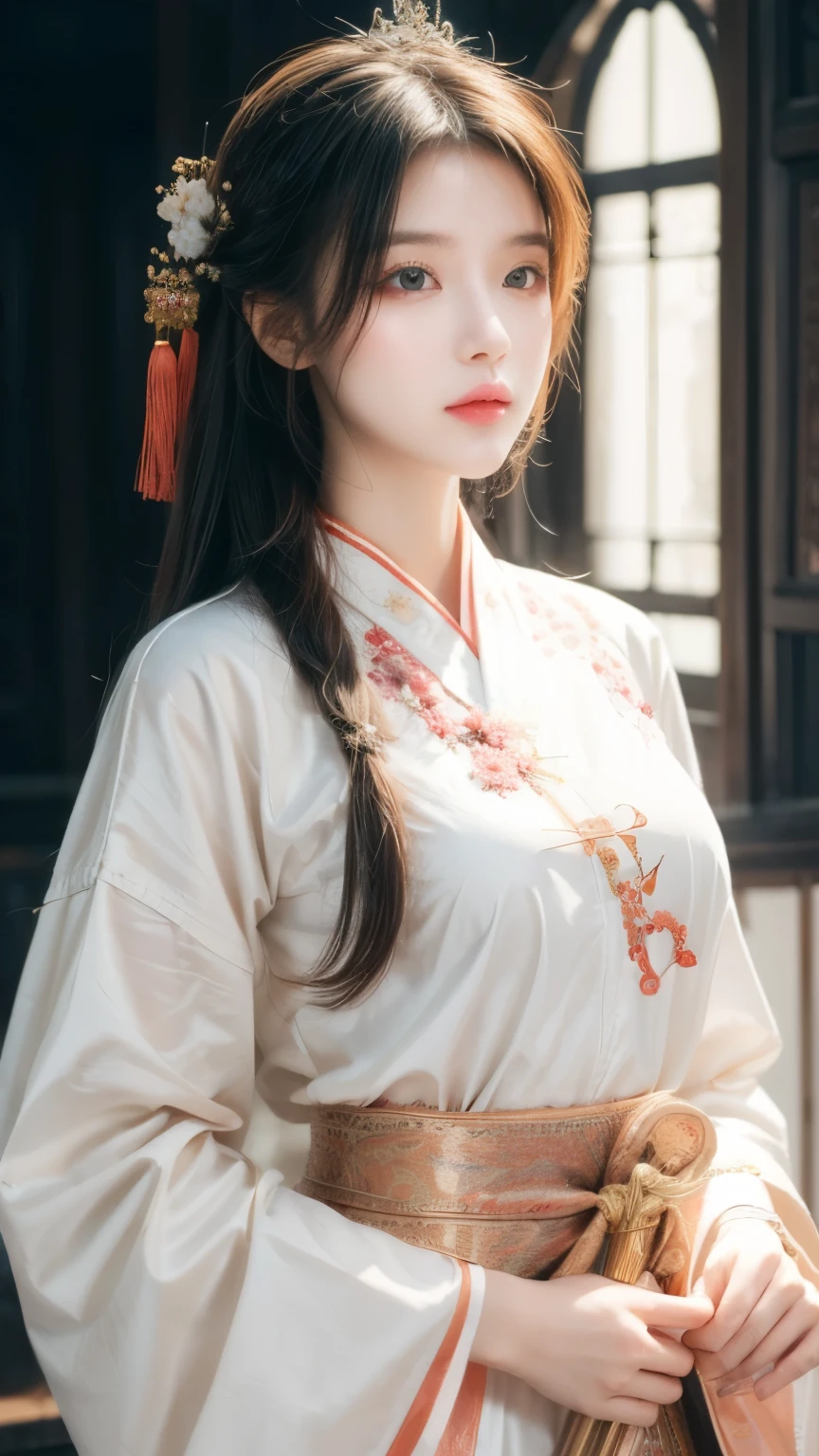 best quality, masterpiece, high resolution,1 girl,Pretty Face,whole body,Chinese clothes,White Taoist robe,Right hand holding sword (Gorgeous decoration),peach,