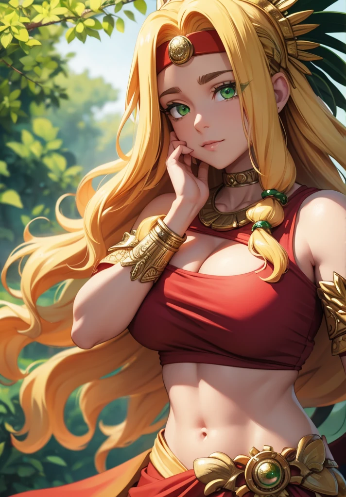 quetzalcoatl, quetzalcoatl, long hair, sidelocks, yellow hair, (green eyes:1.5), wavy hair, (large breast:1.2),
BREAK aztec, bracelet, choker, headband, headdress, jewelry, midriff, navel, short sleeves, wristlet,
BREAK looking at viewer,
BREAK outdoors,
BREAK (masterpiece:1.2), best quality, high resolution, unity 8k wallpaper, (illustration:0.8), (beautiful detailed eyes:1.6), extremely detailed face, perfect lighting, extremely detailed CG, (perfect hands, perfect anatomy),