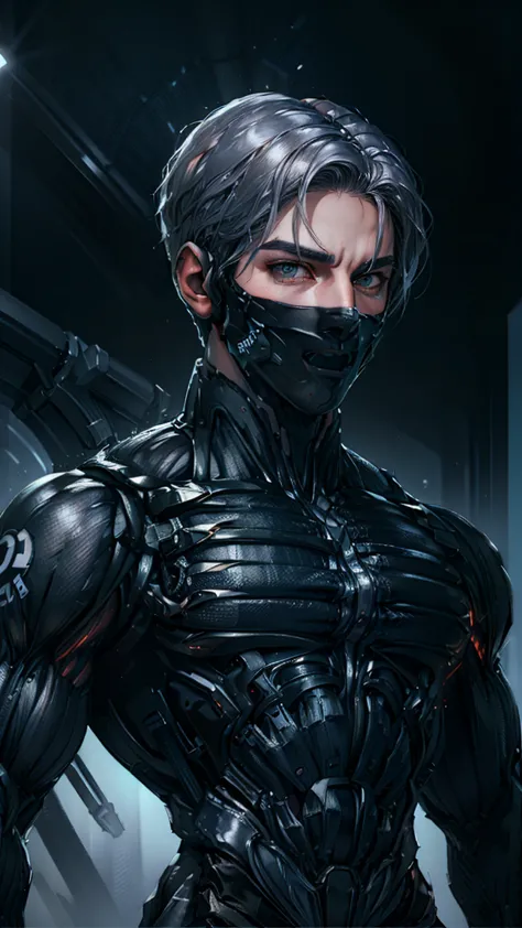 {best quality, 8k, masterpiece}, [grey hair], [middle part haircut], [male], (grey eyes), (tech mask)