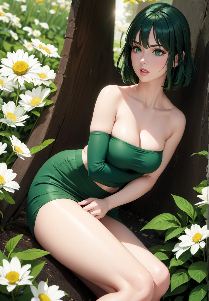 realistic, 1girl, Fubuki, green hair, green eyes, big round breasts, pure white skin, shining eyes, dark green crop top, dark green skirt, parted lips, rouge, night, flowers, sun, sunshine