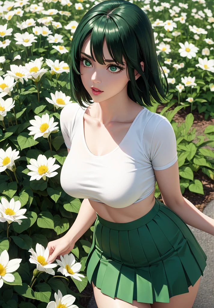 realistic, 1girl, Fubuki, green hair, green eyes, big round breasts, pure white skin, shining eyes, dark green crop top, dark green skirt, parted lips, rouge, night, flowers, sun, sunshine