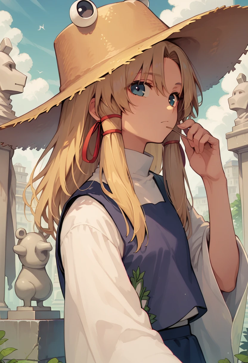 (best quality, top quality), masterpiece, best quality, bullet man, statue, long hair, hair_ribbon, straw hat, straight hair, suwako, covered head