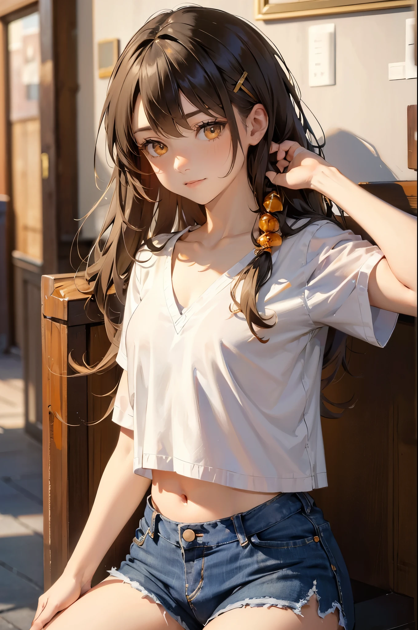 masterpiece, ultra detailed, 8k portrait, RAW photo, portrait photography, Highly detailed face, beautiful and meticulous eyes, (amber color eyes:1.5), 15 years old, standing by the theme park, (white short shirt) and (blue shorts), navel, put on long white summer cardigan, cute girl, long hair, cream color long hair, hairpin, young girl, 1girl, cute girl, pretty girl, portrait of cute girl, slim:1.5,