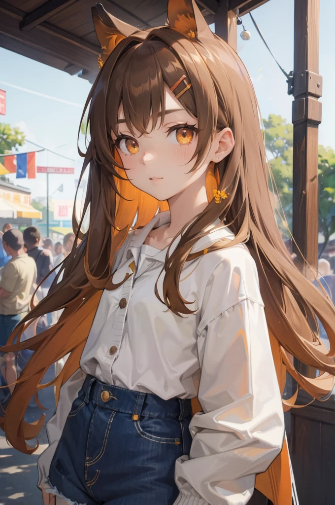 masterpiece, ultra detailed, 8k portrait, RAW photo, portrait photography, Highly detailed face, beautiful and meticulous eyes, (amber color eyes:1.5), 15 years old, standing by the theme park, (white short shirt) and (blue shorts), navel, put on long white summer cardigan, cute girl, long hair, cream color long hair, hairpin, young girl, 1girl, cute girl, pretty girl, portrait of cute girl, slim:1.5,