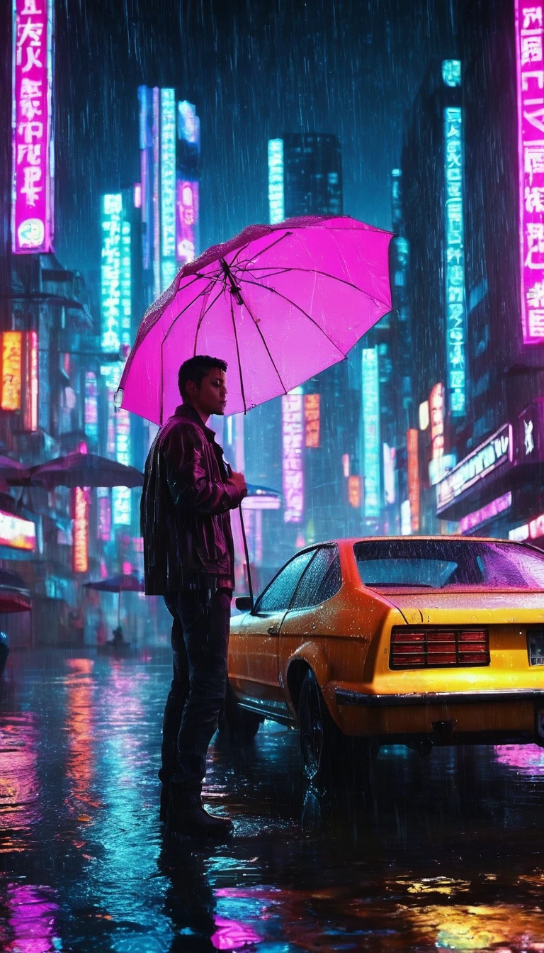 Low angle shot:1.7,(masterpiece, Best Quality, High resolution, Fondo de pantalla de unidad de 32K, Extremely detailed CG:1), (weak illustration on stage:1.0), ((1 handsome young man:1.55 by cyberpunk:1.5 dancing in the rain:1.54 )),(( cyberpunk night city:1.4)), neon signs futuristic cars,dark place rain, ((wet clothes magenta neon lights perfectly illuminating the young man:1.45) . 32K