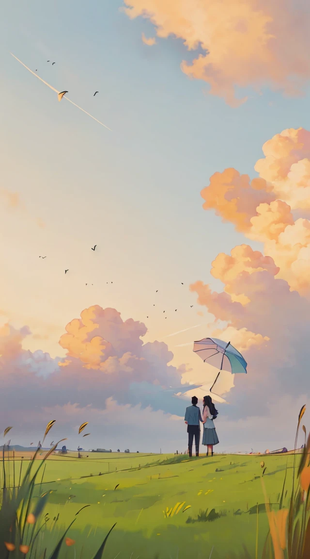 A romantic couple standing together on a grassy plain, holding a red umbrella. The man and woman embrace each other tenderly, looking into each other's eyes with love and affection. The scene is set against a backdrop of a vast open landscape, with a beautifully clouded sky above. The lush green grass in the foreground stretches out, providing a soft and natural base for the scene. The image has a slightly painterly effect, with the colors appearing vibrant and soft, reminiscent of an anime or watercolor painting. The overall atmosphere is serene and romantic, capturing a tender moment between the couple. The focus is on the couple, with the background slightly blurred, adding depth to the composition. The photograph is taken from a wide perspective, making the couple appear far away, and capturing a broad view of the sky and landscape. This wide-angle approach emphasizes the expansive beauty of the surroundings, highlighting the vast, cloud-filled sky and the rolling grassy fields, enhancing the dreamy and romantic ambiance of the scene