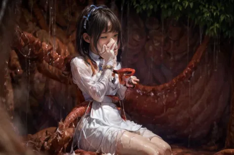 tentacles raping chjld himeka (inside creature:1.4) of stinky saliva fluids, (stinky dress), wet girl, sitting, ((looking at the...