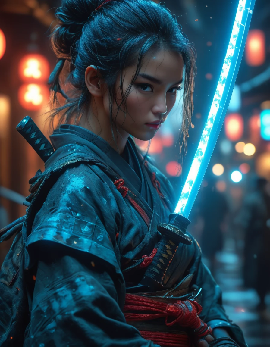 Samurai, 25yo Frau, Hyperrealismus, sehr detaillierte Haut, 4k,,, shabbychic,, Katana profile picture, Organische Malerei, Nachtzeit, Mattes Malen, mutige Formen, Harte Kanten, Straßenkunst, Trends auf ArtStation, von Huang Guangjian, Gil Elvgren und Sachin Teng, Glühen, Katana