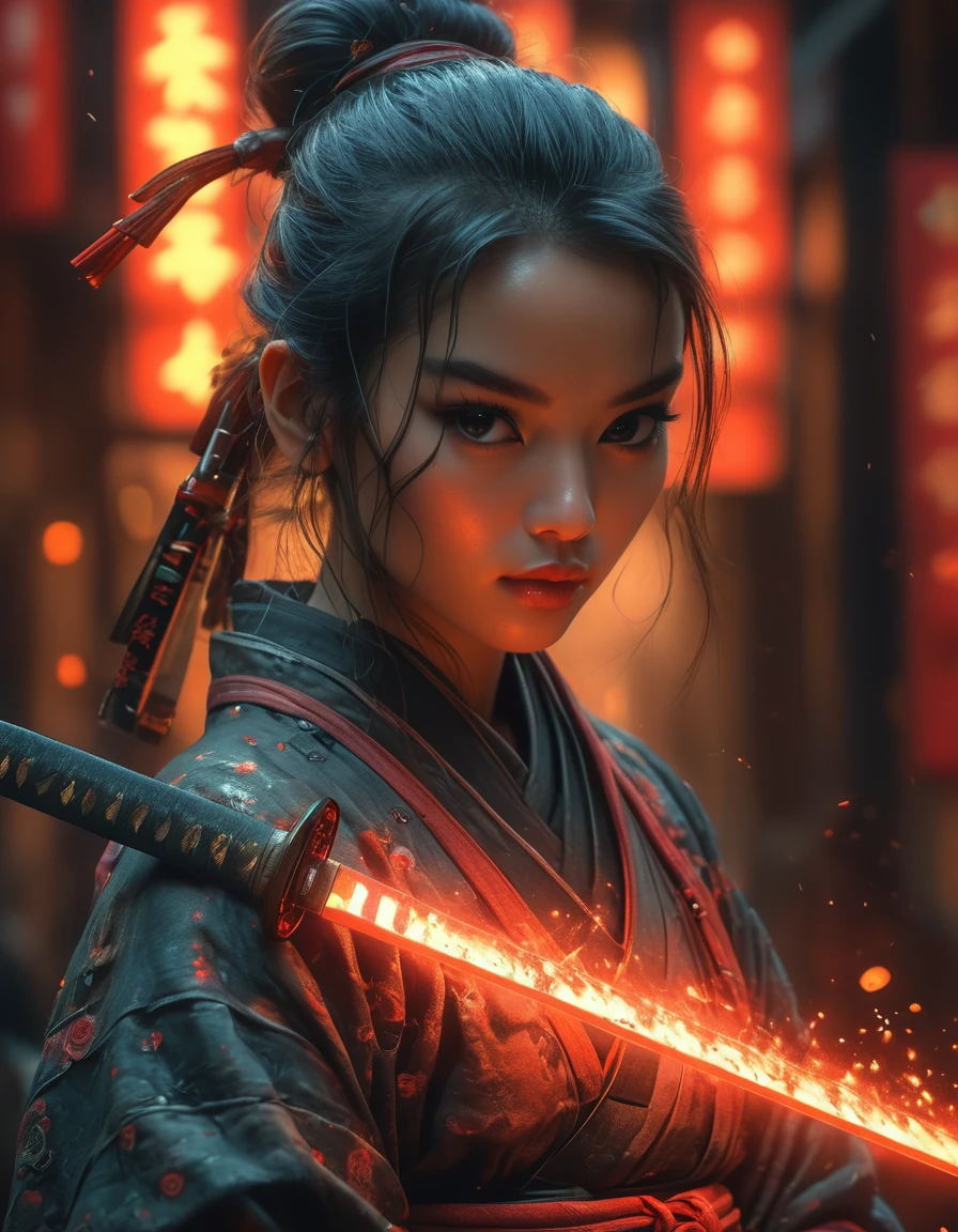 Samurai, 25yo Frau, Hyperrealismus, sehr detaillierte Haut, 4k,,, shabbychic,, Katana profile picture, Organische Malerei, Nachtzeit, Mattes Malen, mutige Formen, Harte Kanten, Straßenkunst, Trends auf ArtStation, von Huang Guangjian, Gil Elvgren und Sachin Teng, Glühen, Katana