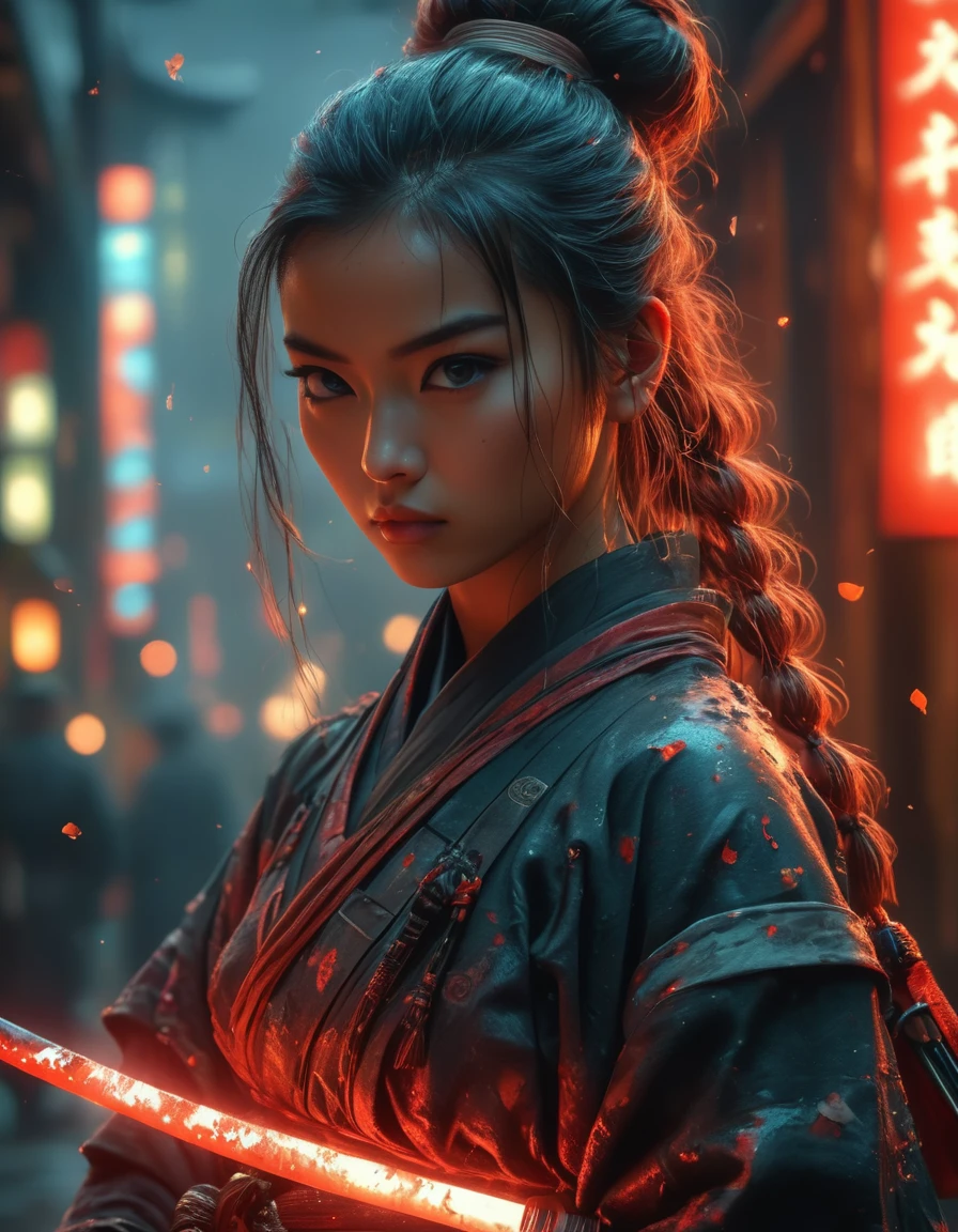 Samurai, 25yo Frau, Hyperrealismus, sehr detaillierte Haut, 4k,,, shabbychic,, Katana profile picture, Organische Malerei, Nachtzeit, Mattes Malen, mutige Formen, Harte Kanten, Straßenkunst, Trends auf ArtStation, von Huang Guangjian, Gil Elvgren und Sachin Teng, Glühen, Katana