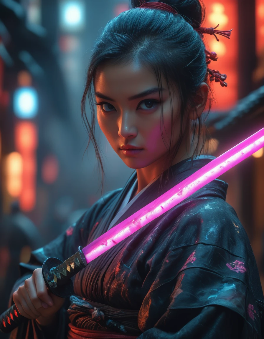 Samurai, 25yo Frau, Hyperrealismus, sehr detaillierte Haut, 4k,,, shabbychic,, Katana profile picture, Organische Malerei, Nachtzeit, Mattes Malen, mutige Formen, Harte Kanten, Straßenkunst, Trends auf ArtStation, von Huang Guangjian, Gil Elvgren und Sachin Teng, Glühen, Katana