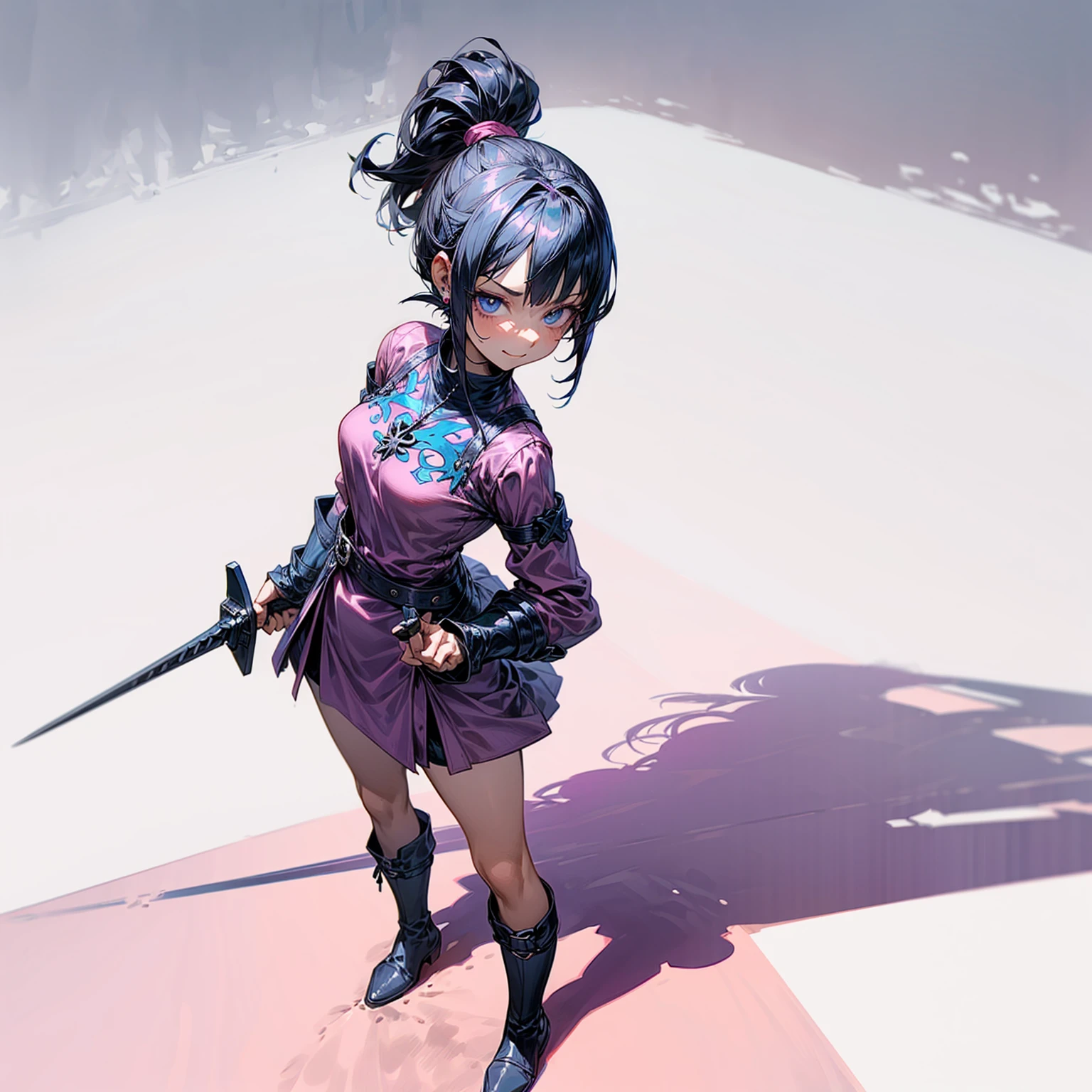 Solo character, full body version, kid girl, short hairstyle, ponytail, black color hair, blue eyes, medieval soldier outfit, pink color clothing, sexy short dress, boots, earrings, (one piece style art), shadow, standing gesture, smile mouth, white simple background, book in hand, Sword in hand, 