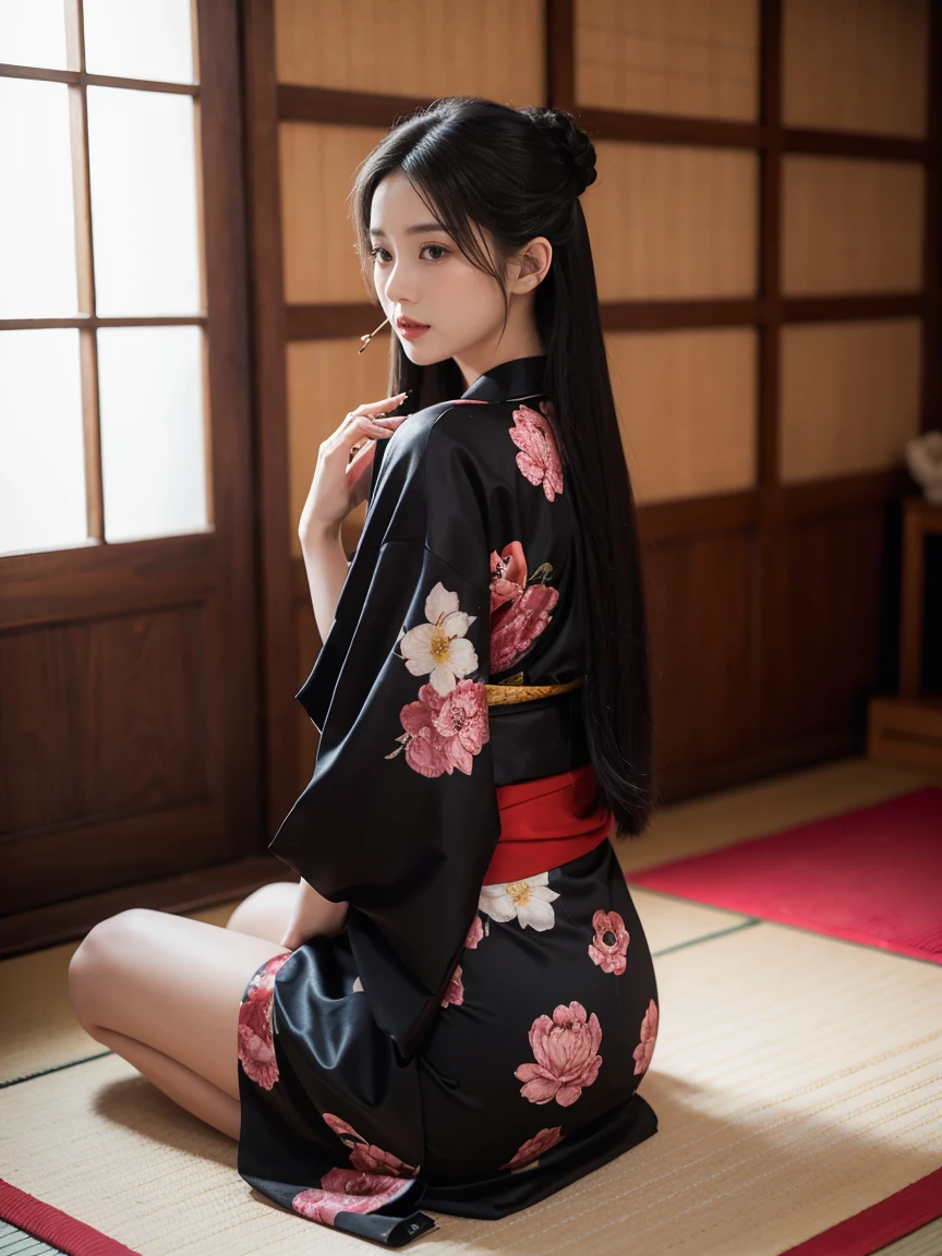 1 girl, very beautiful, long black hair, wearing kimono with full back exposure, back tattooed in Japanese style, sitting on the floor, leaning against the bed, long legs, holding a smoking cigarette, full body shot, view from behind, looking at the viewer, sexy scene, curtains, light creates a magical feeling.