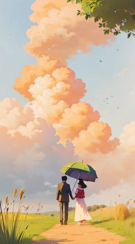 a romantic couple standing together on a grassy plain, holding a red umbrella. the man and woman embrace each other tenderly, lo...