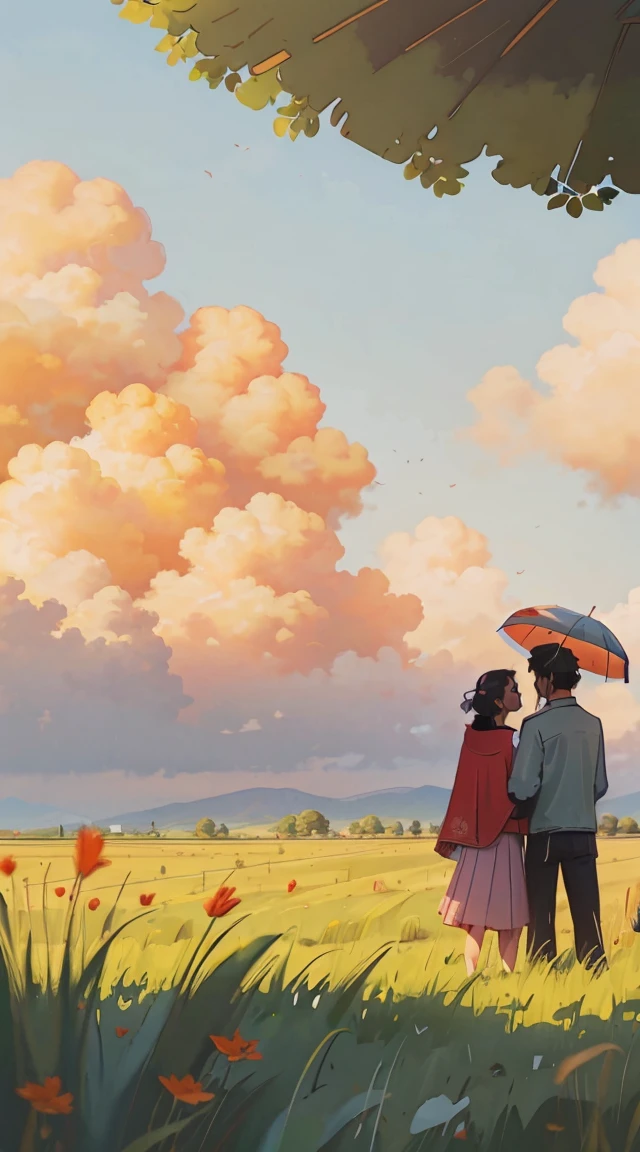 A romantic couple standing together on a grassy plain, holding a red umbrella. The man and woman embrace each other tenderly, looking into each other's eyes with love and joy. The scene is set against a backdrop of a vast open landscape, under a bright and clear blue sky filled with beautifully fluffy clouds. The colors are vibrant and full, enhancing the lush green grass in the foreground that stretches out, providing a lively and natural base for the scene. The image is highly detailed and sharp, with HD clarity that captures every nuance with precision.

The overall atmosphere is cheerful and romantic, perfectly capturing a tender and happy moment between the couple. The focus is on the couple, with the background slightly blurred to add depth and emphasize the sharpness of their connection. The photograph is taken from a wide perspective, making the couple appear far away, and showcasing a broad view of the vibrant sky and landscape. This wide-angle approach highlights the expansive beauty of the surroundings, with bright sunlight illuminating the scene, the clear blue sky, and the lush grassy fields, creating a joyful and vividly colorful ambiance.