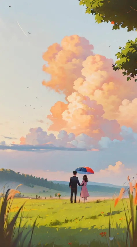 a romantic couple standing together on a grassy plain, holding a red umbrella. the man and woman embrace each other tenderly, lo...