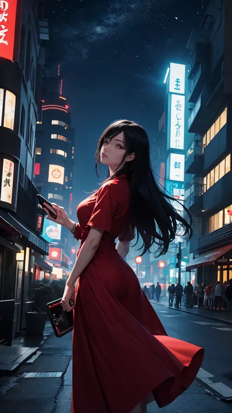 Acrobatic Sarasara, urban legend yokai, tall woman in red dress, long black hair, no eyeballs, watching a gymnastics video on a ...