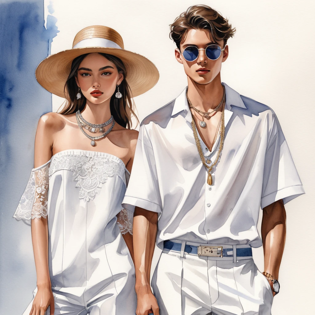 candid fashion illustration of young man and woman, both aged 23 year old, tall and slender, super model, ((showcase fashion in a White cotton outfits)), clothes inspired by Christian Dior's resort collection 2024 in elegant bohemian style. The man wears an oversized short-sleeved shirt with lace transparent details, paired with relaxed-fit whitePants, semi bugle, He completes his look with sneakers, round sunglasses, hat, The woman complements him in a white strapless cotton dress with lace embroidery details in white on the top edge and features side entry pockets, Her ensemble includes an accessorizes with a wide-brimmed straw hat, white sneakers and big necklace. Captured in a ((full-body pose)), ((simple water-color on white paper background)), realistic pencil lines, imperfect drawing, charcoal lines detail, fading sketch, fashion Sketching, Dutch angle,