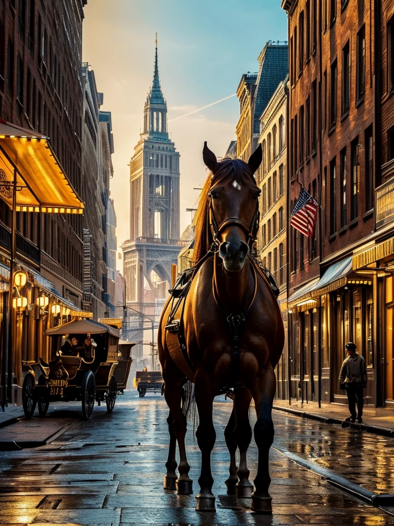 a beautiful city in new york in the year 1900, urban cityscape, early 20th century, detailed architecture, vintage aesthetic, warm lighting, golden hour, antique cars, horse-drawn carriages, cobblestone streets, intricate details, high quality, photorealistic, 8k, masterpiece, cinematic, dramatic lighting, vibrant colors, nostalgic, historical, old-fashioned, cinematic, highly detailed, realistic, hyperrealistic, ultra-detailed, vivid colors, stunning, magnificent, impressive, awe-inspiring, splendid, majestic, grand, impressive, magnificent, stunning, beautiful, breathtaking