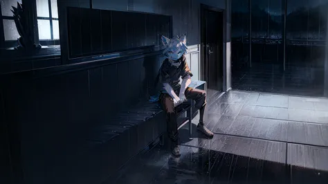 ((blue eyes, white fur, wearing black clothes and black pants, white furry ears, detailed shadows, sitting on a chair, in a hous...