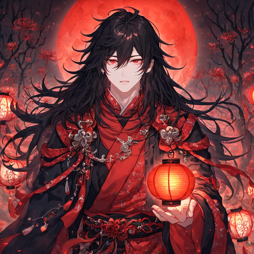 absurdres, highres, ultra detailed, HDR, master piece, best quality, extremely detailed face, delicated features, Xue Yu, untamed spiky hair, black hair, long hair, hair between the eyes, expressive red eyes, Thousand Years War, solo, sexy man, handsome, black haori, red fantasy robes, accessories, spider lilies patterns, red moon, red blood water, fantasy, magic, envy magical, red trees, forest, red dust, red lanterns, red fire, red floating round lights, Jujutsu Kaisen