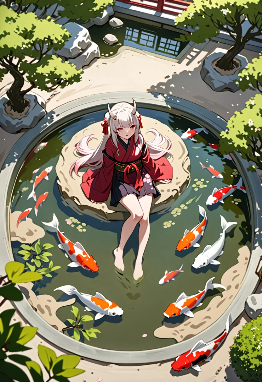 8K Ultra High-Quality, ultra-detailed, High quality, Nakiri Ayame, white horns, koi fish pond, sand garden, sakura tree background, relaxed face, full body