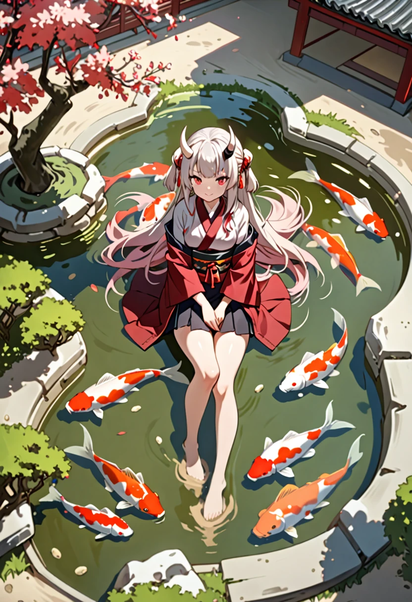 8K Ultra High-Quality, ultra-detailed, High quality, Nakiri Ayame, white horns, koi fish pond, sand garden, sakura tree background, relaxed face, full body