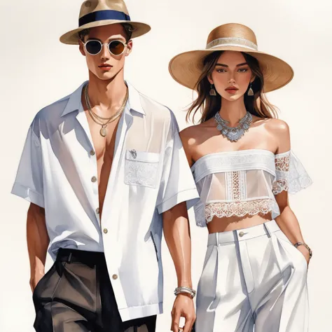 candid fashion illustration of young man and woman, both aged 23 year old, tall and slender, super model, ((showcase fashion in ...