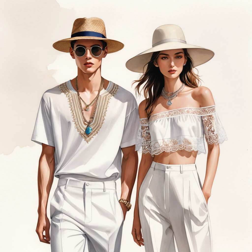 candid fashion illustration of young man and woman, both aged 23 year old, tall and slender, super model, ((showcase fashion in a White cotton outfits)), clothes inspired by Christian Dior's resort collection 2024 in elegant bohemian style with ethnic woven details. The man wears an oversized short-sleeved shirt with lace transparent details, paired with relaxed-fit Pants, semi bugle, He completes his look with sneakers, round sunglasses, hat, The woman complements him in a white strapless cotton dress with lace embroidery details in white on the top edge and features side entry pockets, Her ensemble includes an accessorizes with a wide-brimmed straw hat, white sneakers and big necklace. Captured in a ((full-body pose)), ((simple water-color on white paper background)), realistic pencil lines, imperfect drawing, charcoal lines detail, fading sketch, fashion Sketching, Dutch angle,