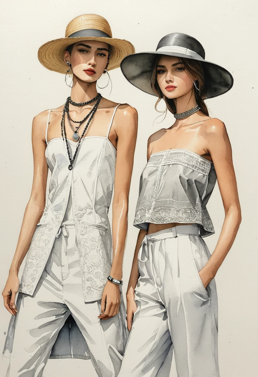 candid fashion illustration of young man and woman, both aged 23 year old, tall and slender, super model, ((showcase fashion in a White cotton outfits)), clothes inspired by Christian Dior's resort collection 2024 in elegant bohemian style with ethnic woven details. The man wears an oversized short-sleeved shirt with lace transparent details, paired with relaxed-fit Pants, semi bugle, He completes his look with sneakers, round sunglasses, hat, The woman complements him in a white strapless cotton dress with lace embroidery details in white on the top edge and features side entry pockets, Her ensemble includes an accessorizes with a wide-brimmed straw hat, white sneakers and big necklace. Captured in a ((full-body pose)), ((simple water-color on white paper background)), realistic pencil lines, imperfect drawing, charcoal lines detail, fading sketch, fashion Sketching, Dutch angle,