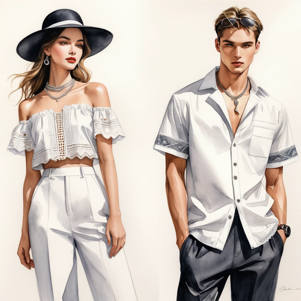 candid fashion illustration of young man and woman, both aged 23 year old, tall and slender, super model, ((showcase fashion in a White cotton outfits)), clothes inspired by Christian Dior's resort collection 2024 in elegant bohemian style with ethnic woven details. The man wears an oversized short-sleeved shirt with lace details, paired with relaxed-fit Pants, semi bugle, He completes his look with sneakers, round sunglasses, hat, The woman complements him in a white strapless cotton dress with lace embroidery details in white on the top edge and features side entry pockets, Her ensemble includes an accessorizes with a wide-brimmed straw hat, white sneakers and big necklace. Captured in a ((full-body pose)), ((simple water-color on white paper background)), realistic pencil lines, imperfect drawing, charcoal lines detail, fading sketch, fashion Sketching, Dutch angle,